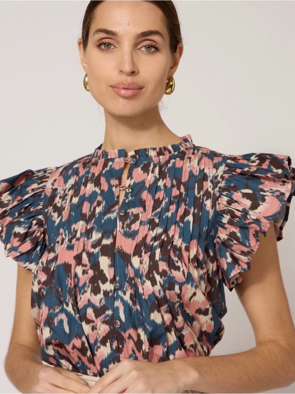Cleobella Maritza Blouse Pink, Blue and Cream Printed Ruffle-Sleeve Blouse Small